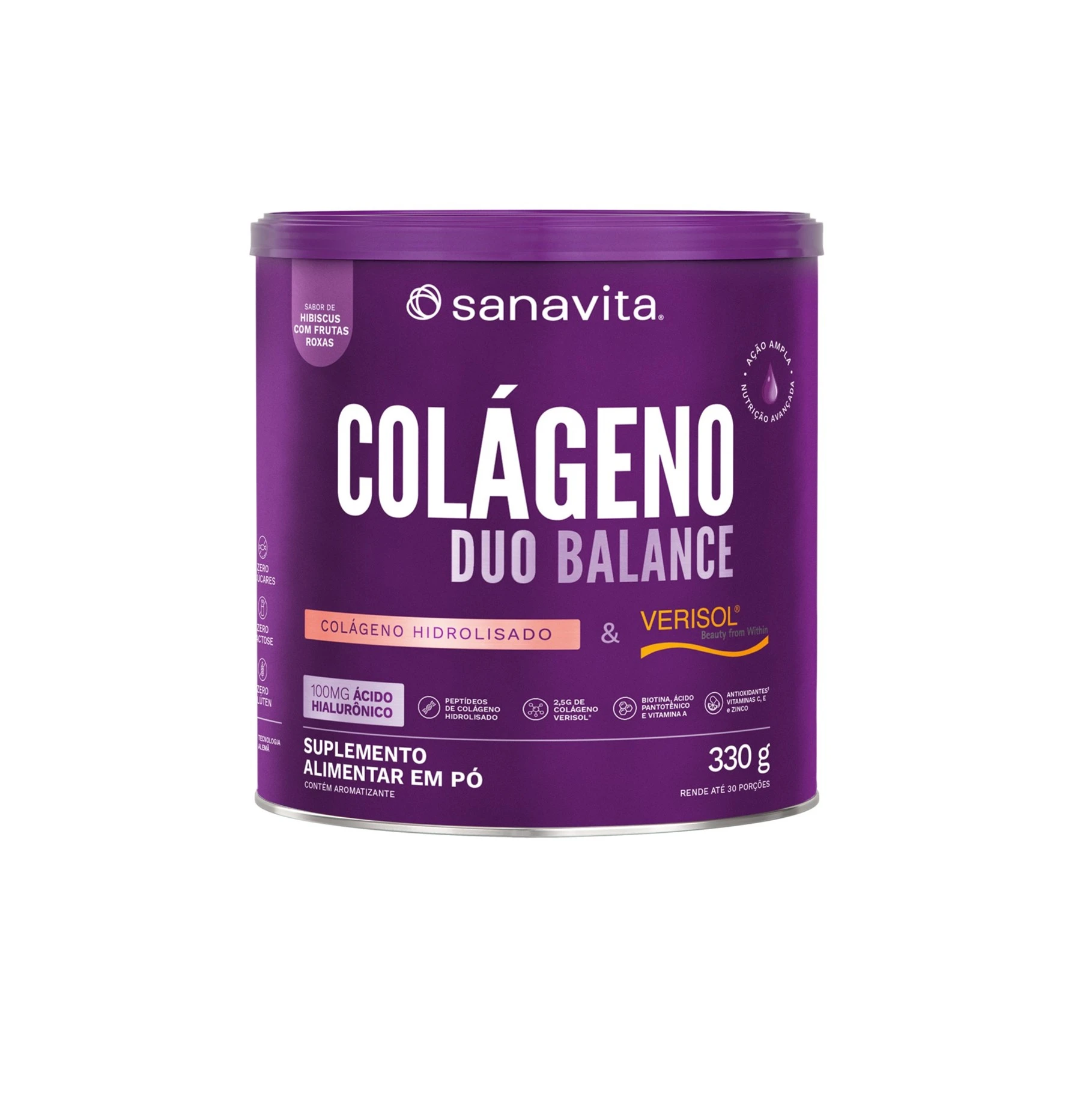 95002 Sanavita COLÁGENO DUO BALANCE - Sabor HIBISCUS e FRUTAS ROXAS 330g - Imagem 1